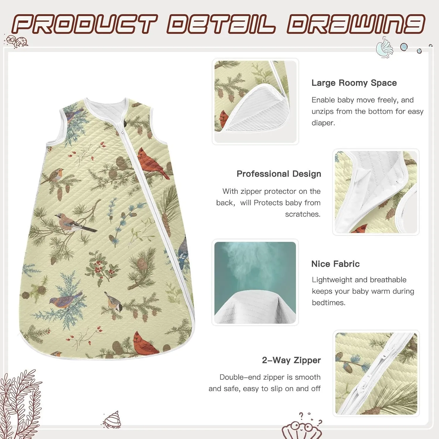 vvfelixl Robin Bird Baby Sleeping Bag Sleep Sack,Baby Wearable Blanket Sleep Suit for 0-6 Months