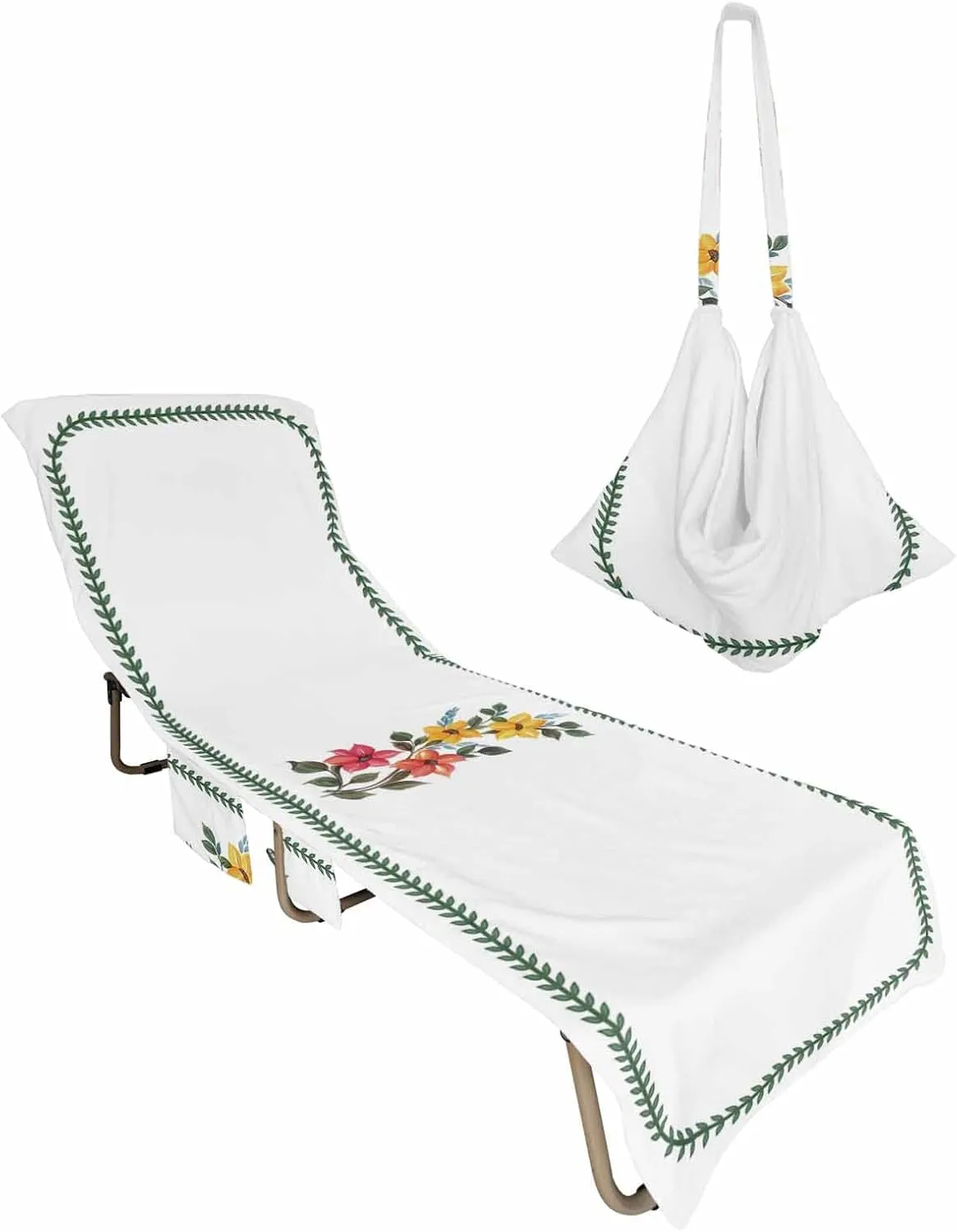 Watercolor Clematis Yellow Pattern Chaise Lounger Cover with Pockets, Pool Lounge Chair Covers 85"x29", Spring Floral Green Leaves Lace Microfiber Beach Chair Cover for Patio Sunbathing