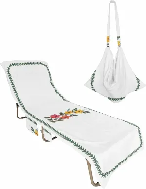 Watercolor Clematis Yellow Pattern Chaise Lounger Cover with Pockets, Pool Lounge Chair Covers 85"x29", Spring Floral Green Leaves Lace Microfiber Beach Chair Cover for Patio Sunbathing