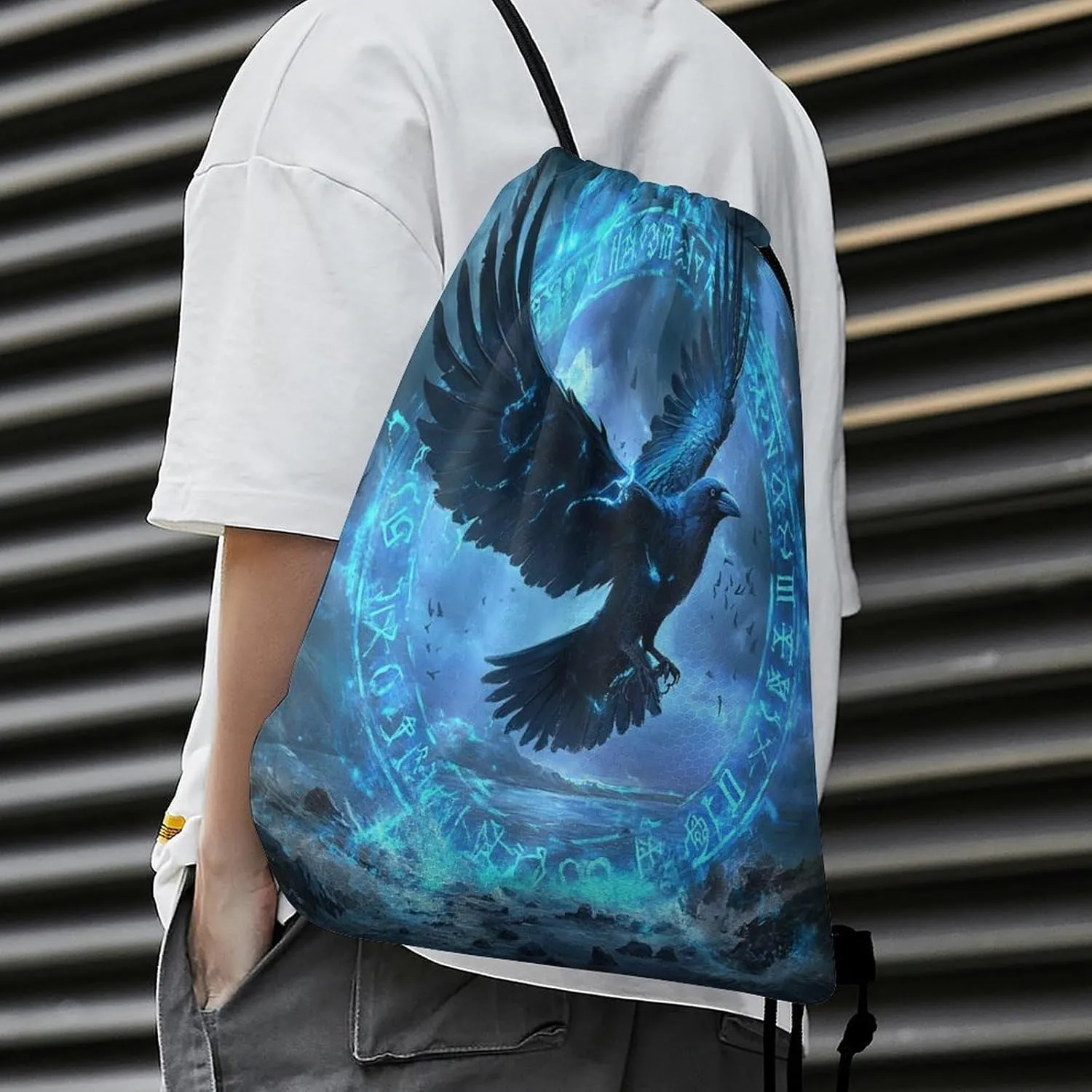 Watercolor Norse Mythology Raven Drawstring Bags,Drawstring Backpack For Gym Travel Swimming Hiking Camping