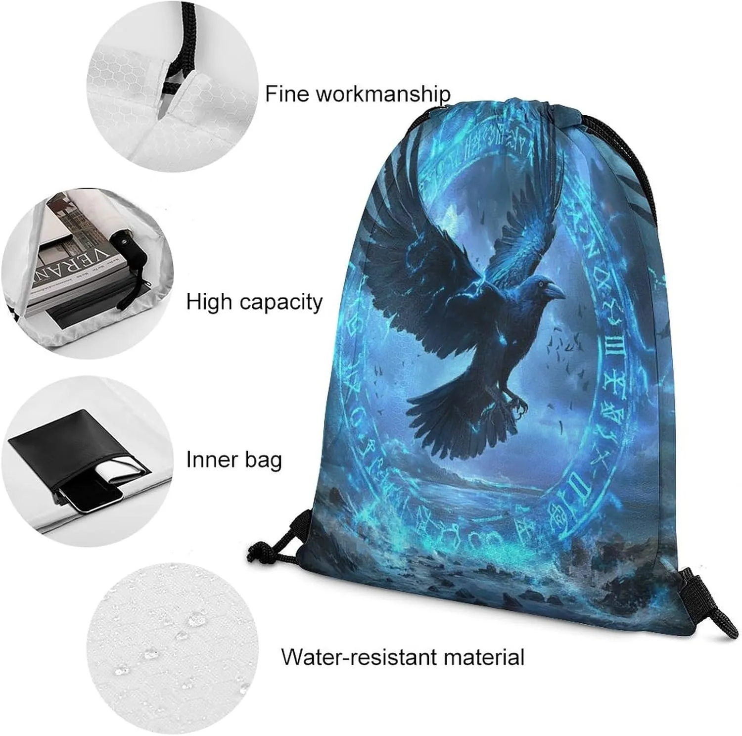 Watercolor Norse Mythology Raven Drawstring Bags,Drawstring Backpack For Gym Travel Swimming Hiking Camping