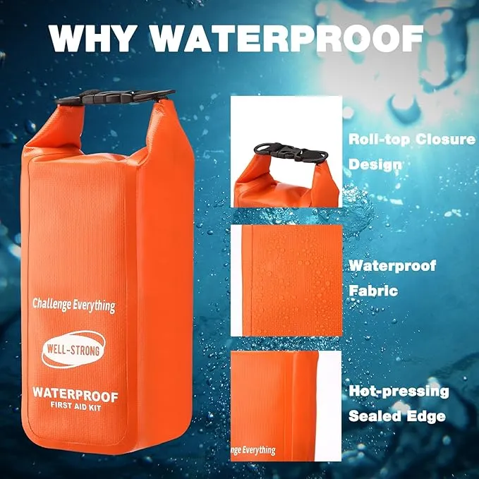 Waterproof First Aid Kit Roll Top Boat Emergency Kit with Waterproof Contents for Fishing Kayaking Boating Swimming Camping Rafting Beach Orange