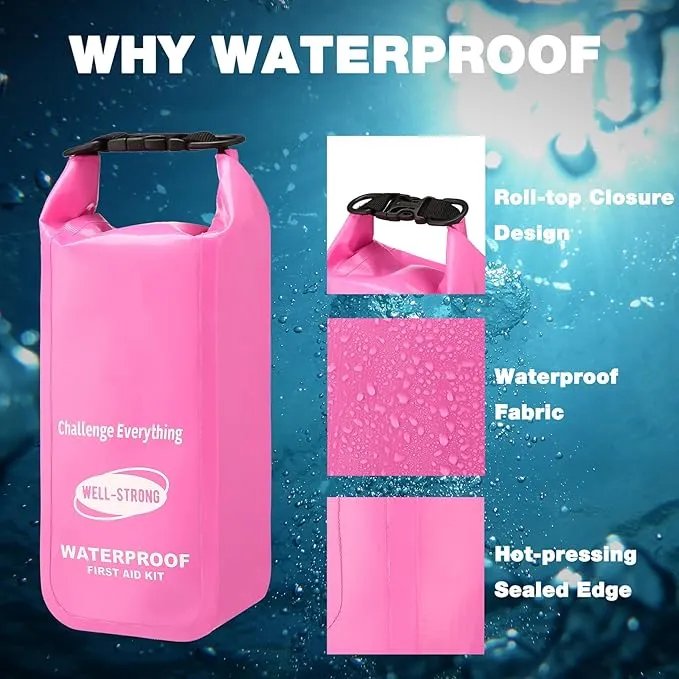 Waterproof First Aid Kit Roll Top Boat Emergency Kit with Waterproof Contents for Fishing Kayaking Boating Swimming Camping Rafting Beach Pink