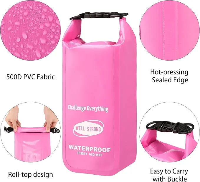 Waterproof First Aid Kit Roll Top Boat Emergency Kit with Waterproof Contents for Fishing Kayaking Boating Swimming Camping Rafting Beach Pink