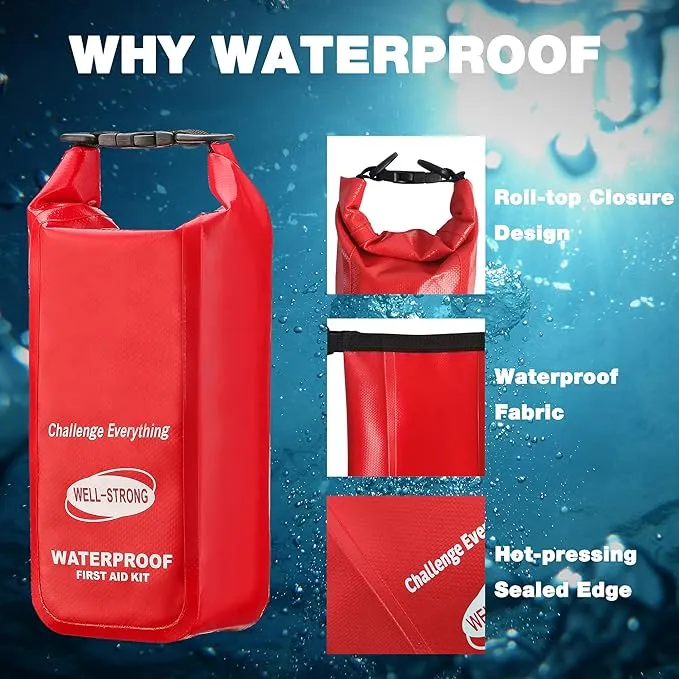 Waterproof First Aid Kit Roll Top Boat Emergency Kit with Waterproof Contents for Fishing Kayaking Boating Swimming Camping Rafting Beach Red