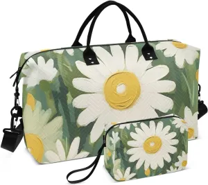 White Daisy Luggage Travel Bag Travel Overnight Carry on Bag Sport Training Bag with Toiletry Bag for Yoga Large Capacity