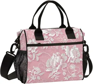 White Lace Floral Peach Pattern Lunch Bag for Girls with Shoulder Strap Lunch Coolers for Work Lunch Boxes Women for Office Size S loncheras para hombres de trabajo termicas