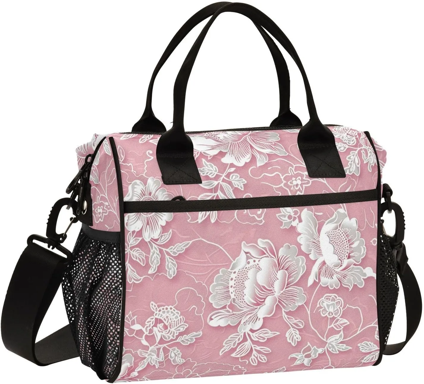 White Lace Floral Peach Pattern Lunch Bag for Girls with Shoulder Strap Lunch Coolers for Work Lunch Boxes Women for Office Size S loncheras para hombres de trabajo termicas