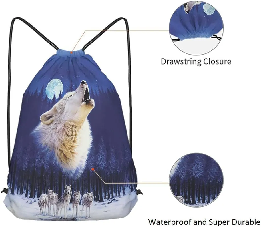 Wild Wolf Drawstring Bags Backpack Bag Winter With Full Moon Animal Theme Group Starry Night Stars Sport Gym Sack Drawstring Bag String Bag Yoga Bag for Men Women
