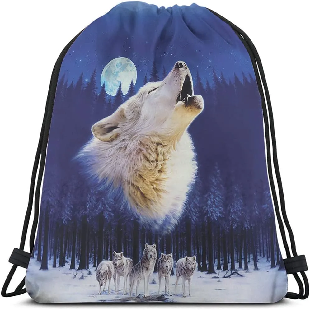 Wild Wolf Drawstring Bags Backpack Bag Winter With Full Moon Animal Theme Group Starry Night Stars Sport Gym Sack Drawstring Bag String Bag Yoga Bag for Men Women