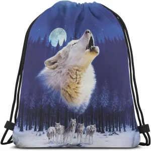 Wild Wolf Drawstring Bags Backpack Bag Winter With Full Moon Animal Theme Group Starry Night Stars Sport Gym Sack Drawstring Bag String Bag Yoga Bag for Men Women