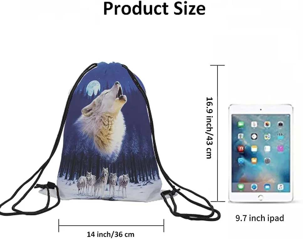 Wild Wolf Drawstring Bags Backpack Bag Winter With Full Moon Animal Theme Group Starry Night Stars Sport Gym Sack Drawstring Bag String Bag Yoga Bag for Men Women
