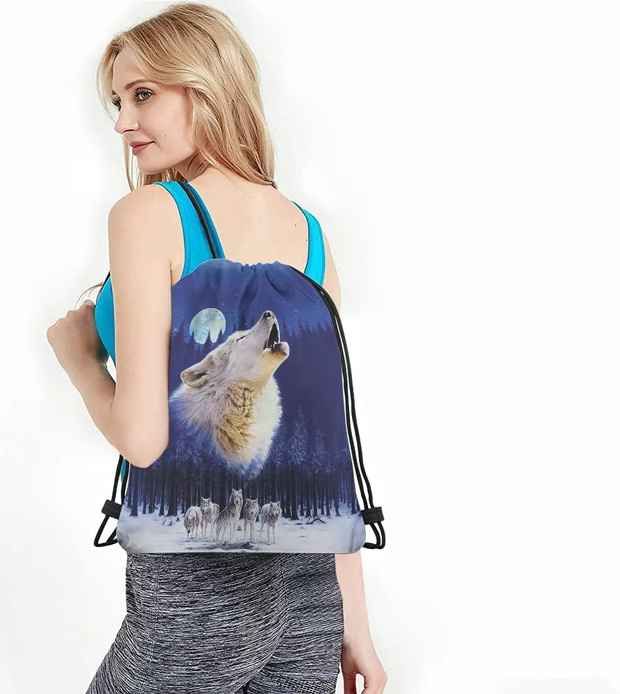 Wild Wolf Drawstring Bags Backpack Bag Winter With Full Moon Animal Theme Group Starry Night Stars Sport Gym Sack Drawstring Bag String Bag Yoga Bag for Men Women