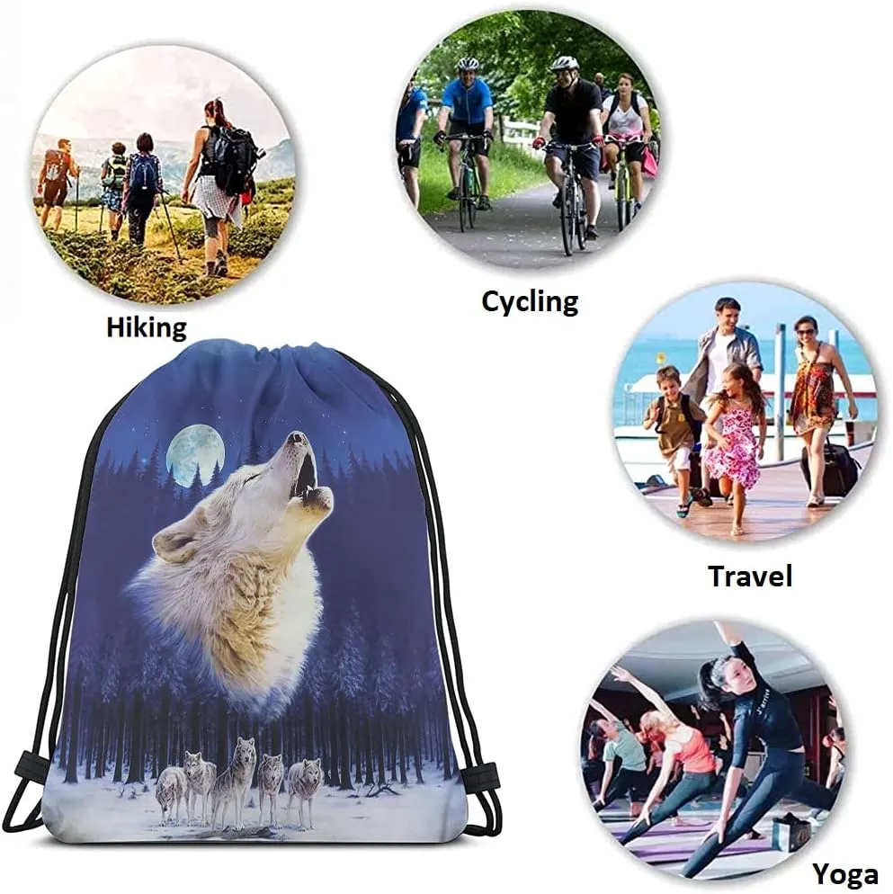 Wild Wolf Drawstring Bags Backpack Bag Winter With Full Moon Animal Theme Group Starry Night Stars Sport Gym Sack Drawstring Bag String Bag Yoga Bag for Men Women