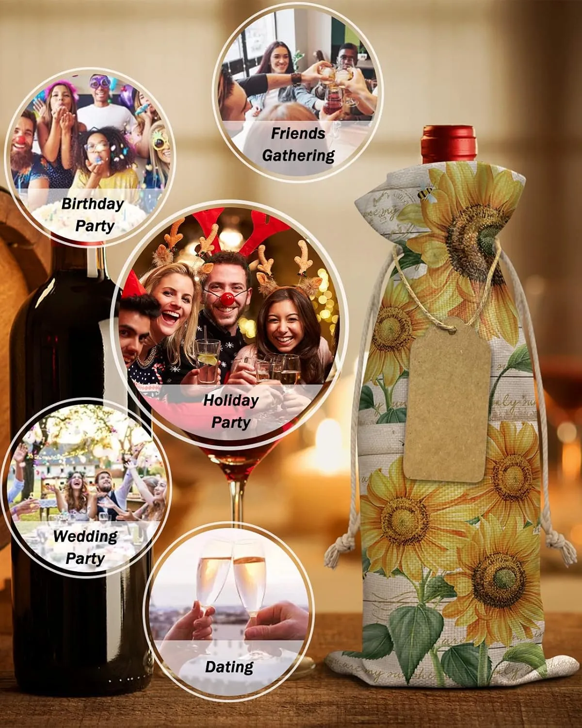 Wine Gift Bag Washable Wine Bags for Wine Bottles Gifts Farm Floral Sunflowers Bee Vintage Wooden Planks Wine Travel Bag Burlap Wine Bags with Drawstrings Tabs, 10PCS, 6.3x17.3 Inch