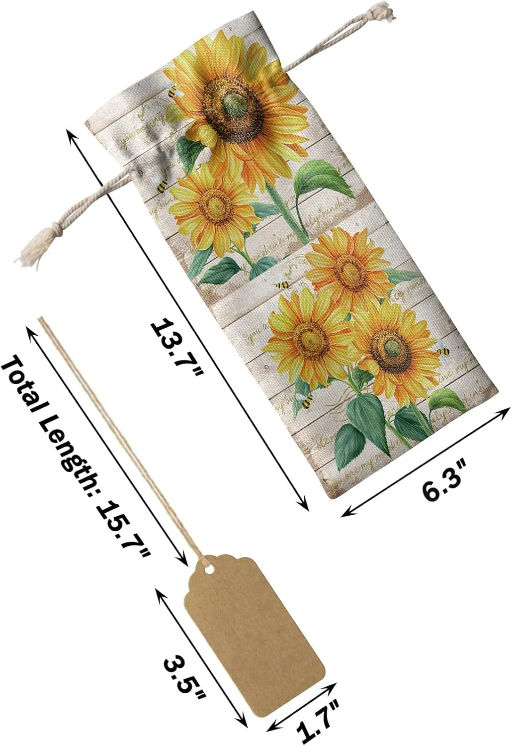 Wine Gift Bag Washable Wine Bags for Wine Bottles Gifts Farm Floral Sunflowers Bee Vintage Wooden Planks Wine Travel Bag Burlap Wine Bags with Drawstrings Tabs, 10PCS, 6.3x17.3 Inch