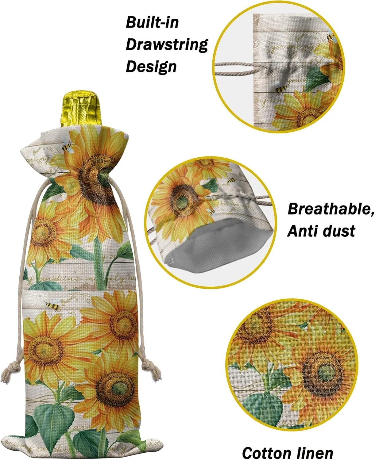Wine Gift Bag Washable Wine Bags for Wine Bottles Gifts Farm Floral Sunflowers Bee Vintage Wooden Planks Wine Travel Bag Burlap Wine Bags with Drawstrings Tabs, 10PCS, 6.3x17.3 Inch