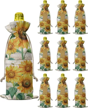 Wine Gift Bag Washable Wine Bags for Wine Bottles Gifts Farm Floral Sunflowers Bee Vintage Wooden Planks Wine Travel Bag Burlap Wine Bags with Drawstrings Tabs, 10PCS, 6.3x17.3 Inch