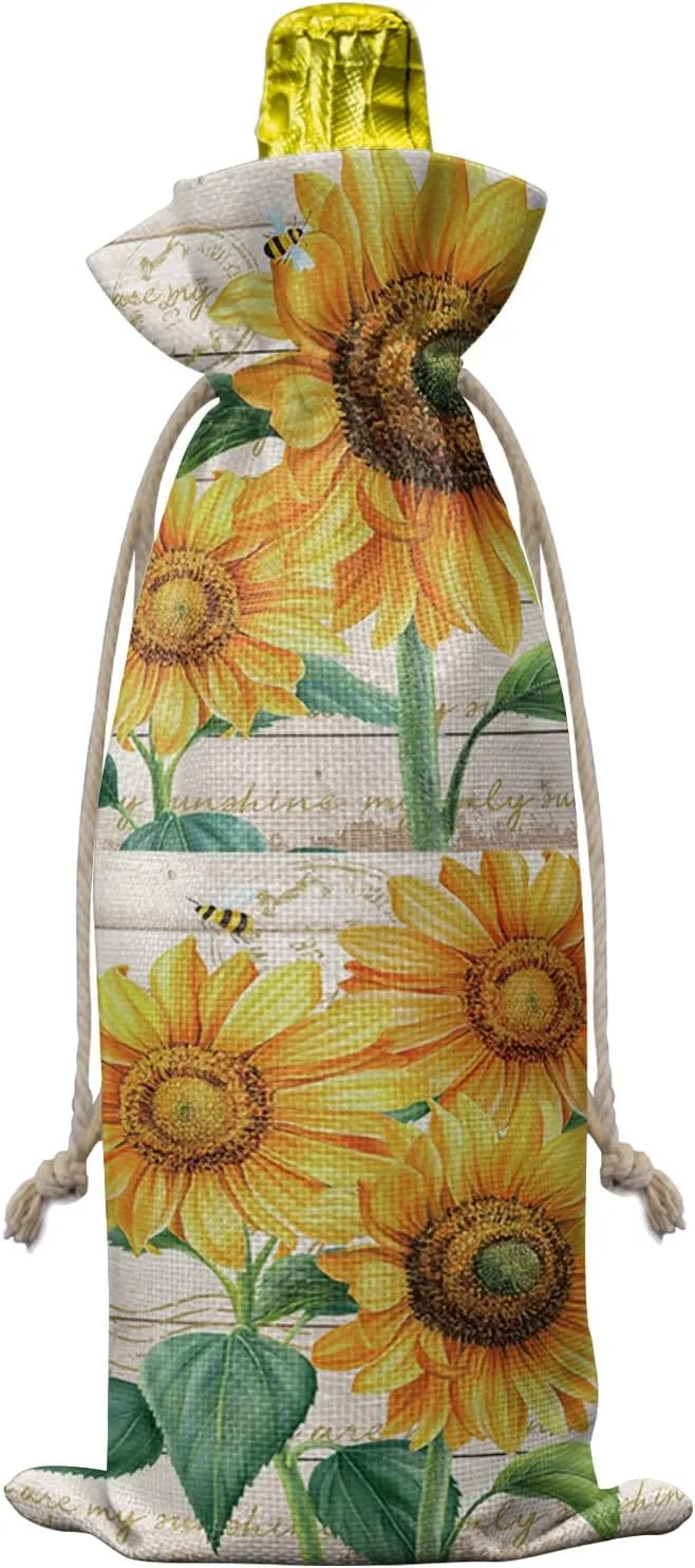Wine Gift Bag Washable Wine Bags for Wine Bottles Gifts Farm Floral Sunflowers Bee Vintage Wooden Planks Wine Travel Bag Burlap Wine Bags with Drawstrings Tabs, 10PCS, 6.3x17.3 Inch