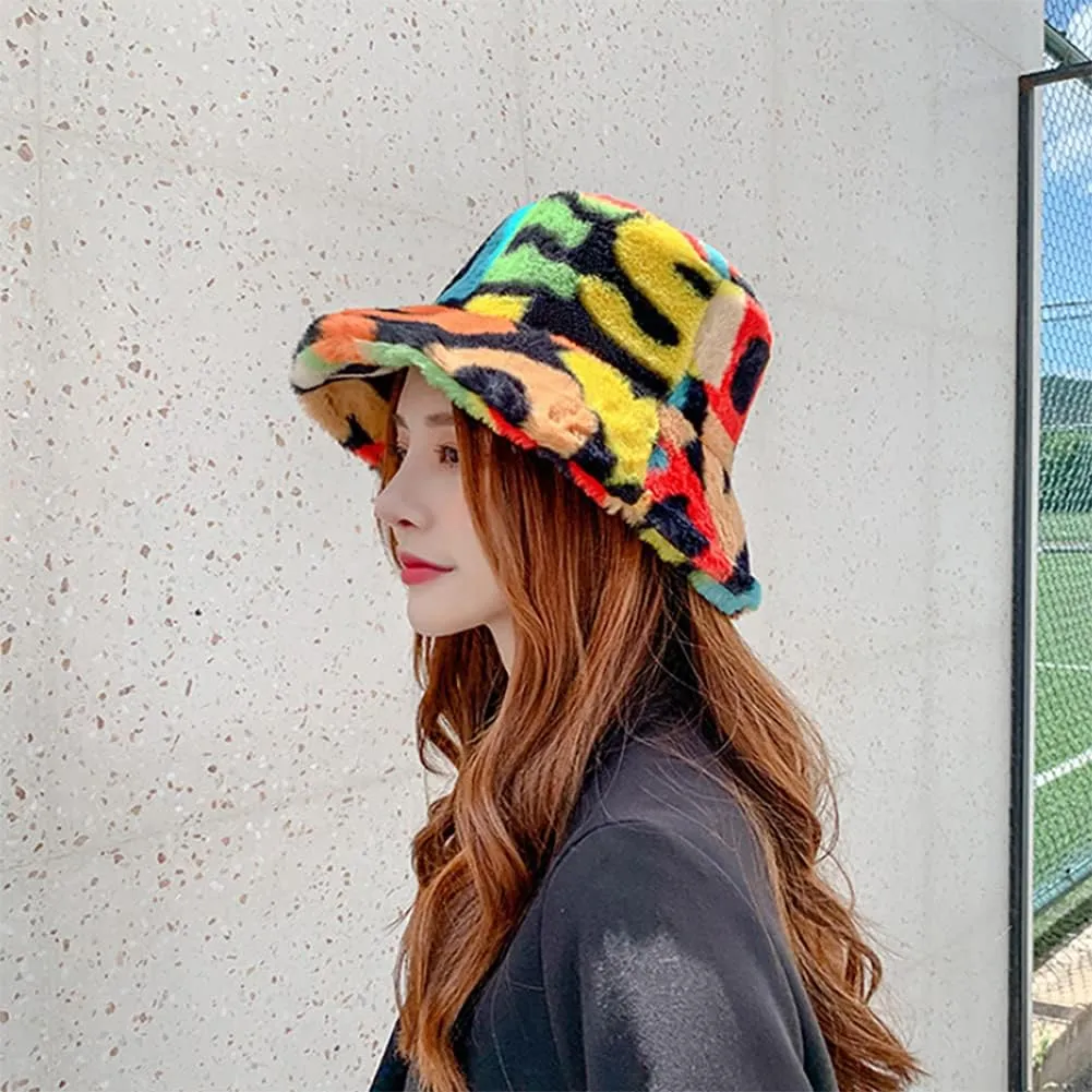 Winter Faux Fur Furry Bucket Hat Fluffy Fuzzy Warm Hat Plush Fisherman Hat for Women Teens Girls