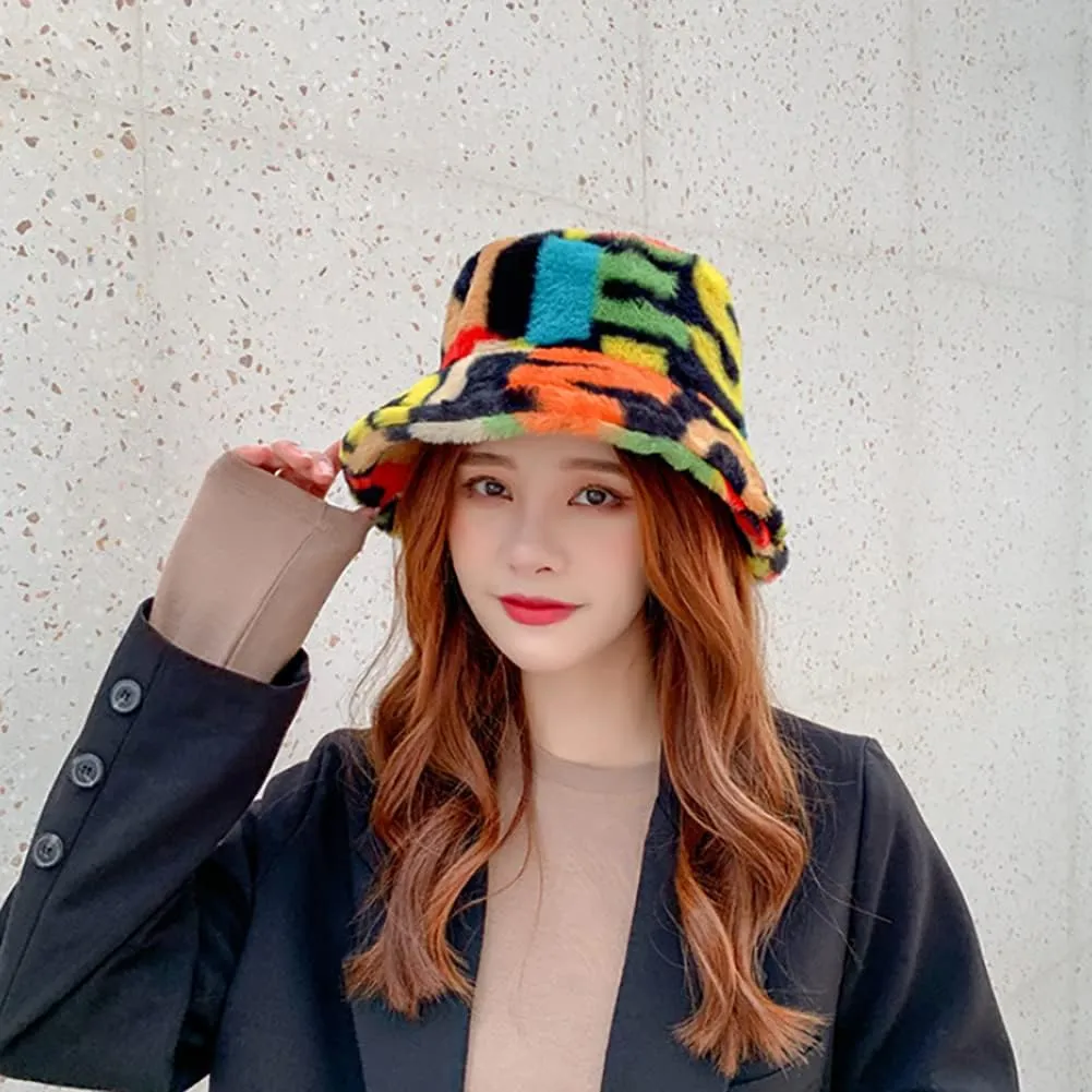 Winter Faux Fur Furry Bucket Hat Fluffy Fuzzy Warm Hat Plush Fisherman Hat for Women Teens Girls