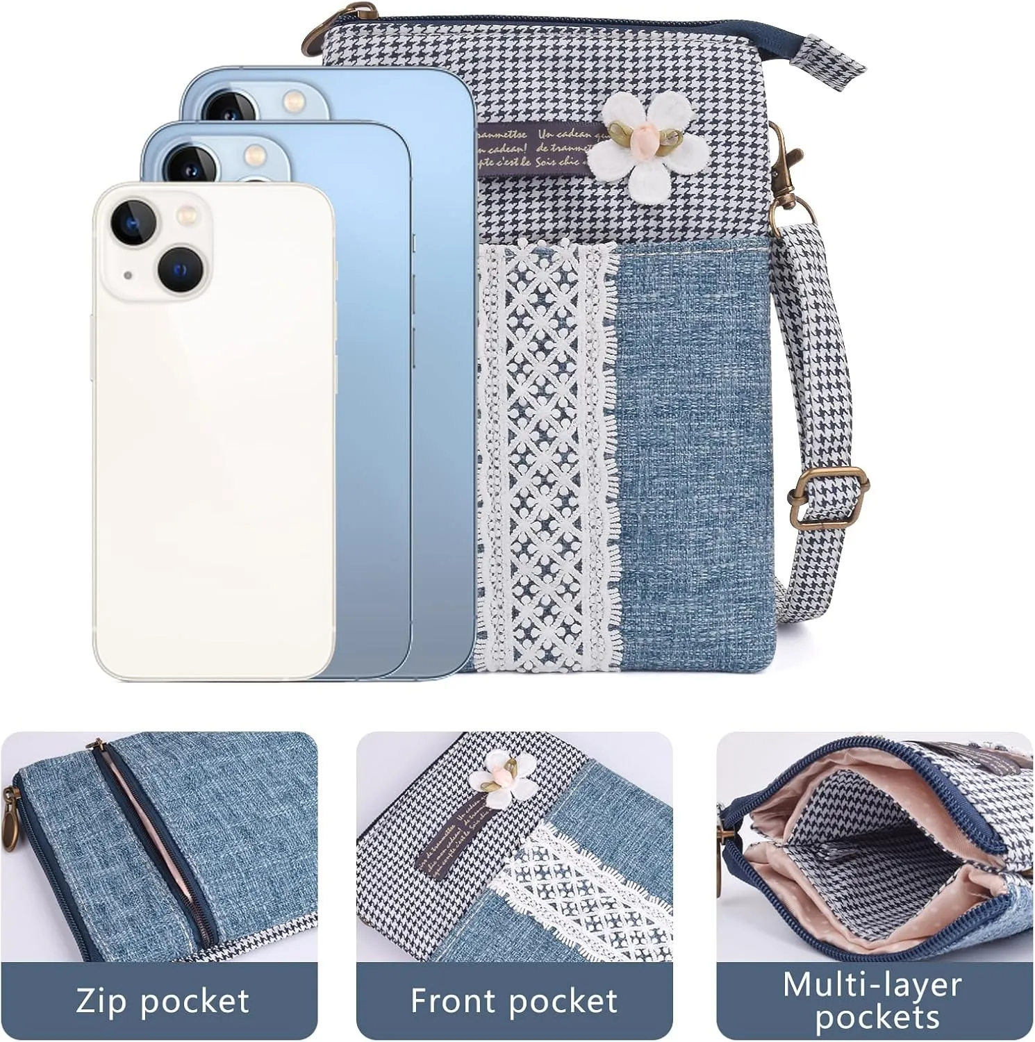 WITERY Leaf Pattern Canvas Cell Phone Purse Wallet Lightweight Small Crossbody Purse Bags for Women Girls