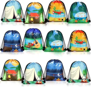 Woanger 24 Pieces Camping Party Favors Camping Adventure Drawstring Bags Car Drawstring Goodie Candy Bags Backpack Birthday Party Supplies for Boys Kids