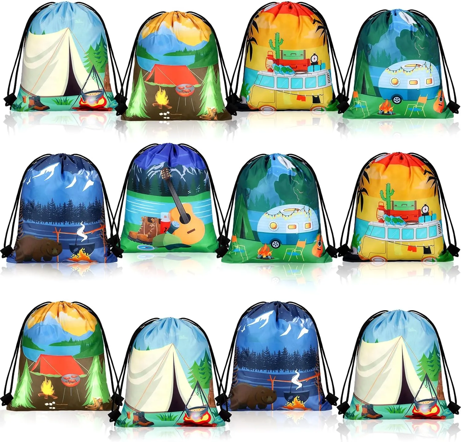 Woanger 24 Pieces Camping Party Favors Camping Adventure Drawstring Bags Car Drawstring Goodie Candy Bags Backpack Birthday Party Supplies for Boys Kids