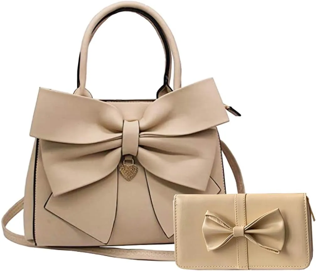 Women 2Pcs Handbag Set Bow-Knot Satchel Top-handle Crossbody Bag Tote Wallet Purse with Heart Pendant Khaki
