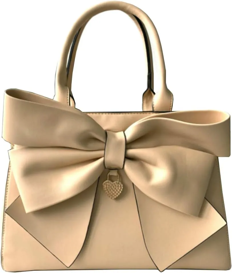 Women 2Pcs Handbag Set Bow-Knot Satchel Top-handle Crossbody Bag Tote Wallet Purse with Heart Pendant Khaki