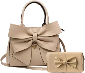 Women 2Pcs Handbag Set Bow-Knot Satchel Top-handle Crossbody Bag Tote Wallet Purse with Heart Pendant Khaki