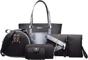 Women 6 Pcs Bag Set Stitching Handbag and Purse PU Top-handle Bag Tote Clutch Wallet Card Holder