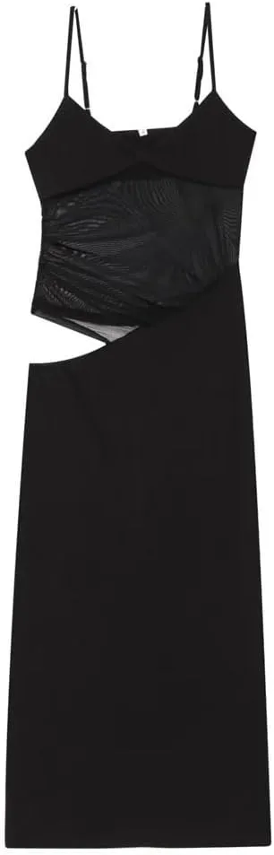 Women Black Mesh Camisole Dress Summer Style Sexy Slit Skirt Hip Hugging Long Skirt Dress