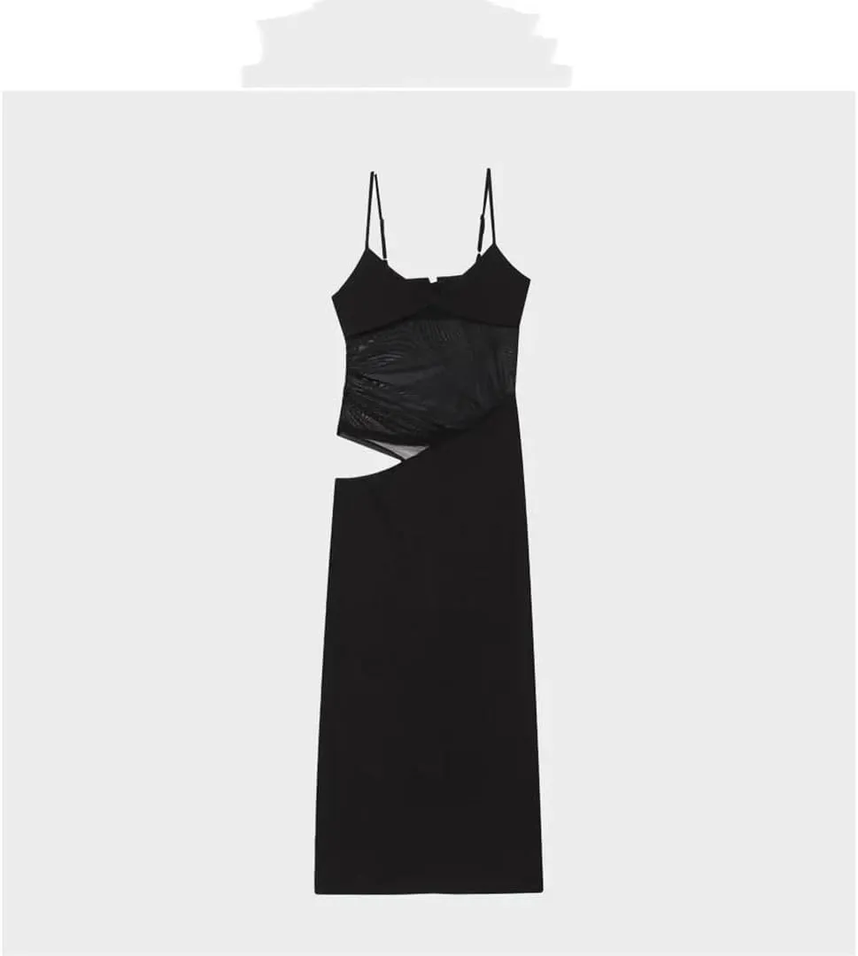 Women Black Mesh Camisole Dress Summer Style Sexy Slit Skirt Hip Hugging Long Skirt Dress