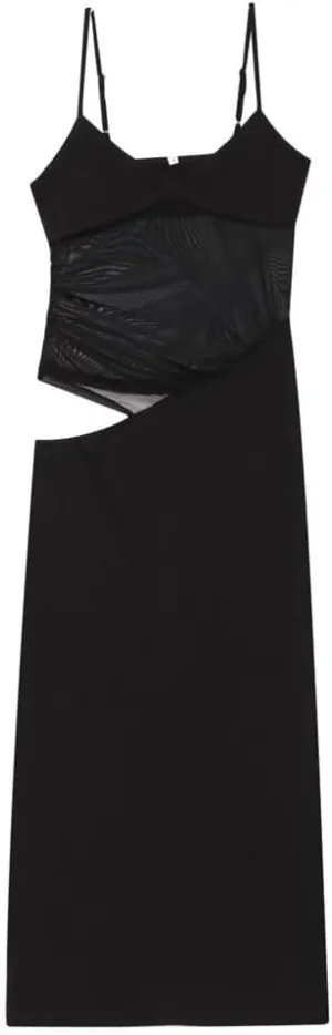 Women Black Mesh Camisole Dress Summer Style Sexy Slit Skirt Hip Hugging Long Skirt Dress