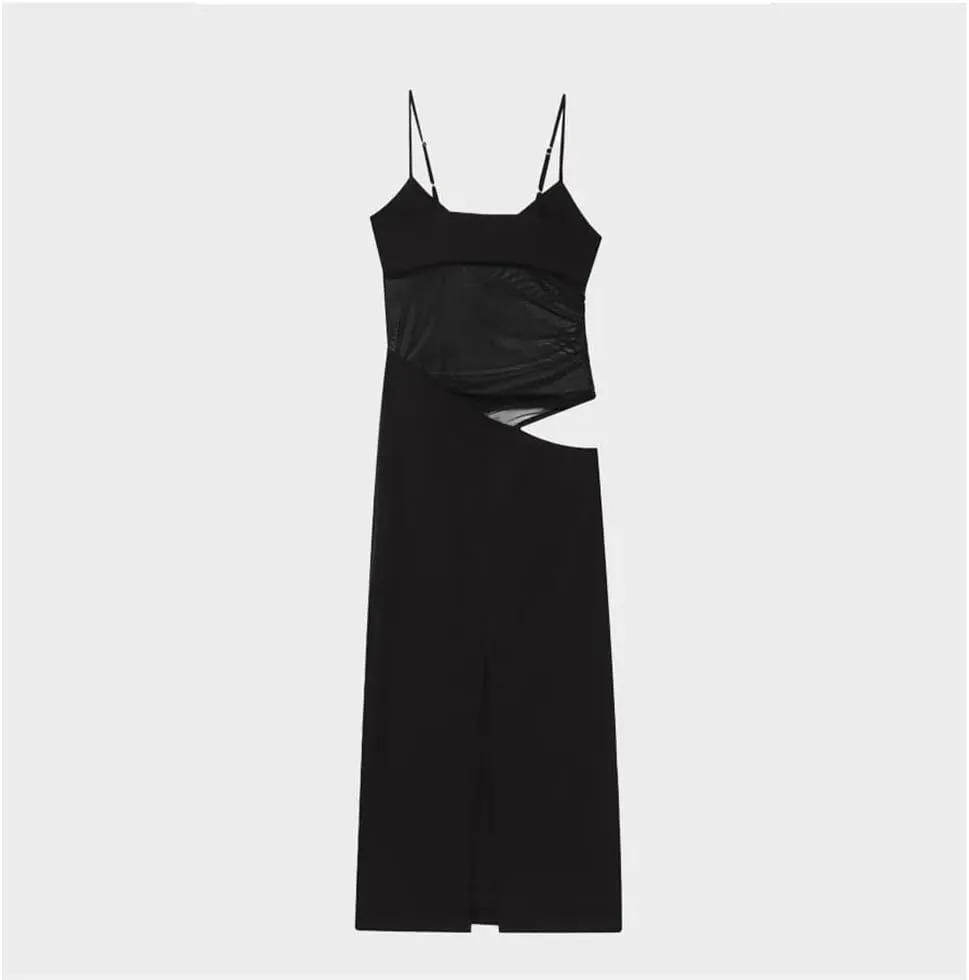 Women Black Mesh Camisole Dress Summer Style Sexy Slit Skirt Hip Hugging Long Skirt Dress