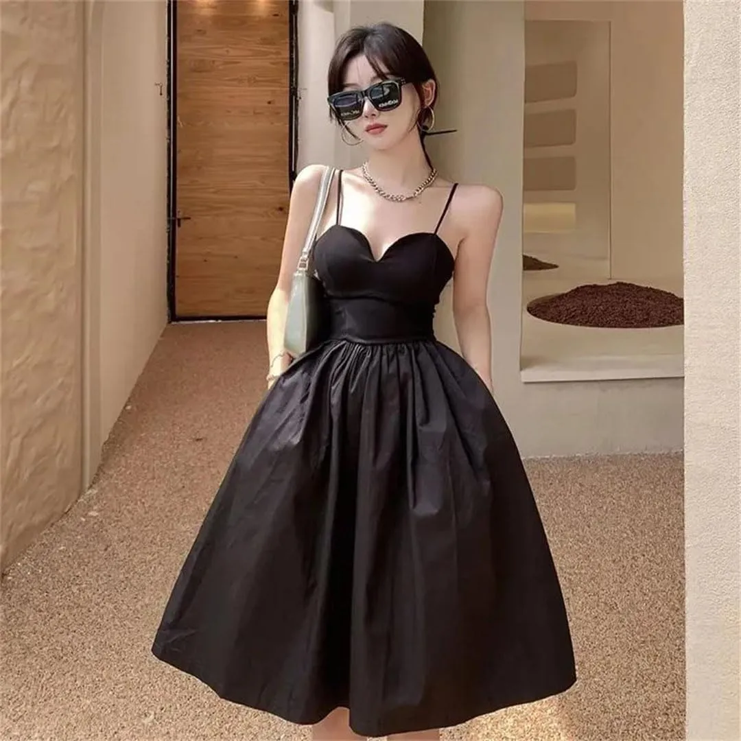 Women Black Spaghetti Strap Dress Elegant Evening Backless Party Dress