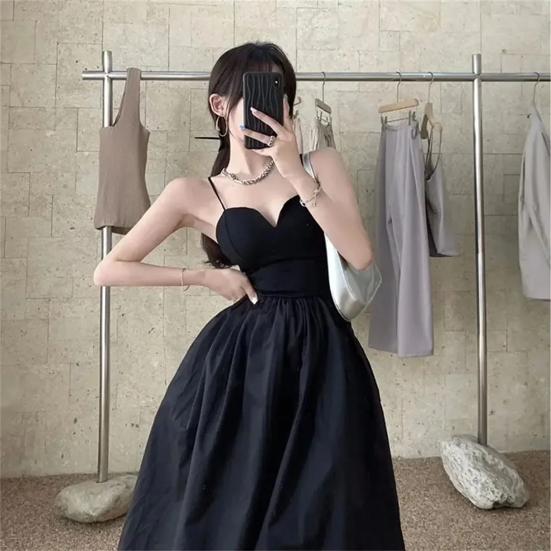 Women Black Spaghetti Strap Dress Elegant Evening Backless Party Dress