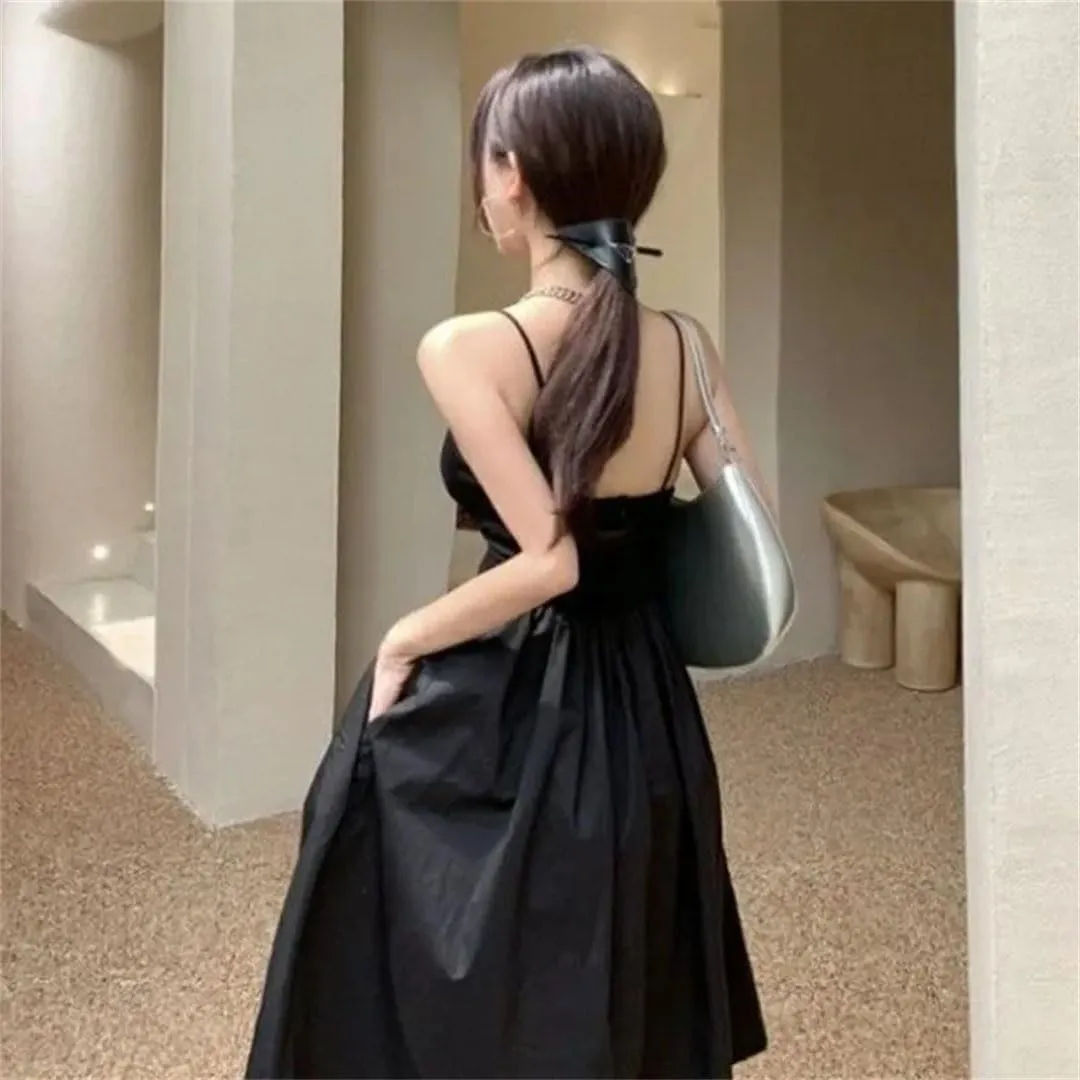 Women Black Spaghetti Strap Dress Elegant Evening Backless Party Dress