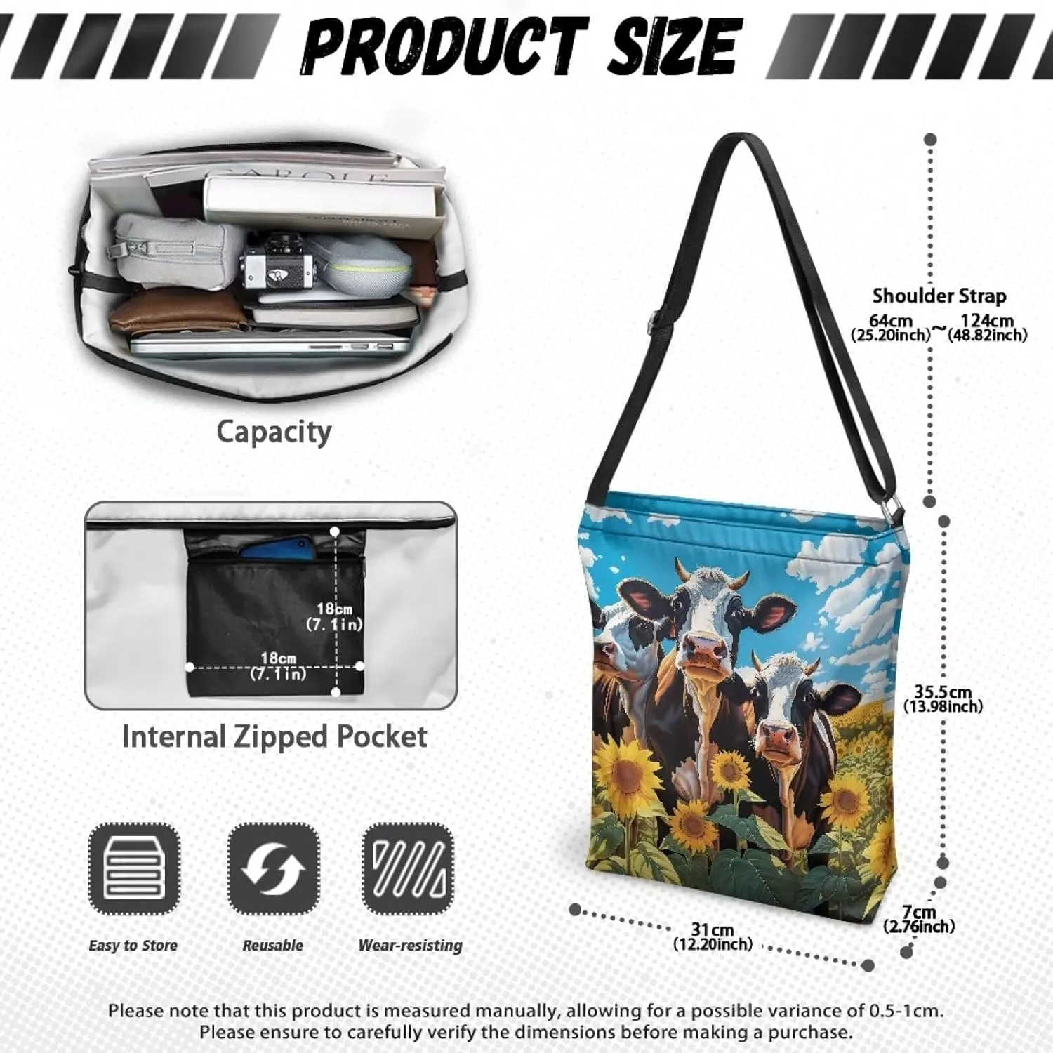 Women Canvas Shoulder Bag Large Messenger Crossbody Bags with Inner Zip Pocket Satchel Waterproof Purse Shopping