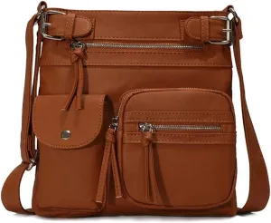 Women Crossbody Bags Vintage Messenger Vegan Leather Pocket Purse Shoulder Satchel Handbags Zipper Multi