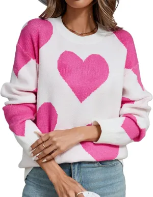 Women Cute Heart Sweater Knitted Love Sweater Casual Loose Long Sleeve Crewneck Pullover