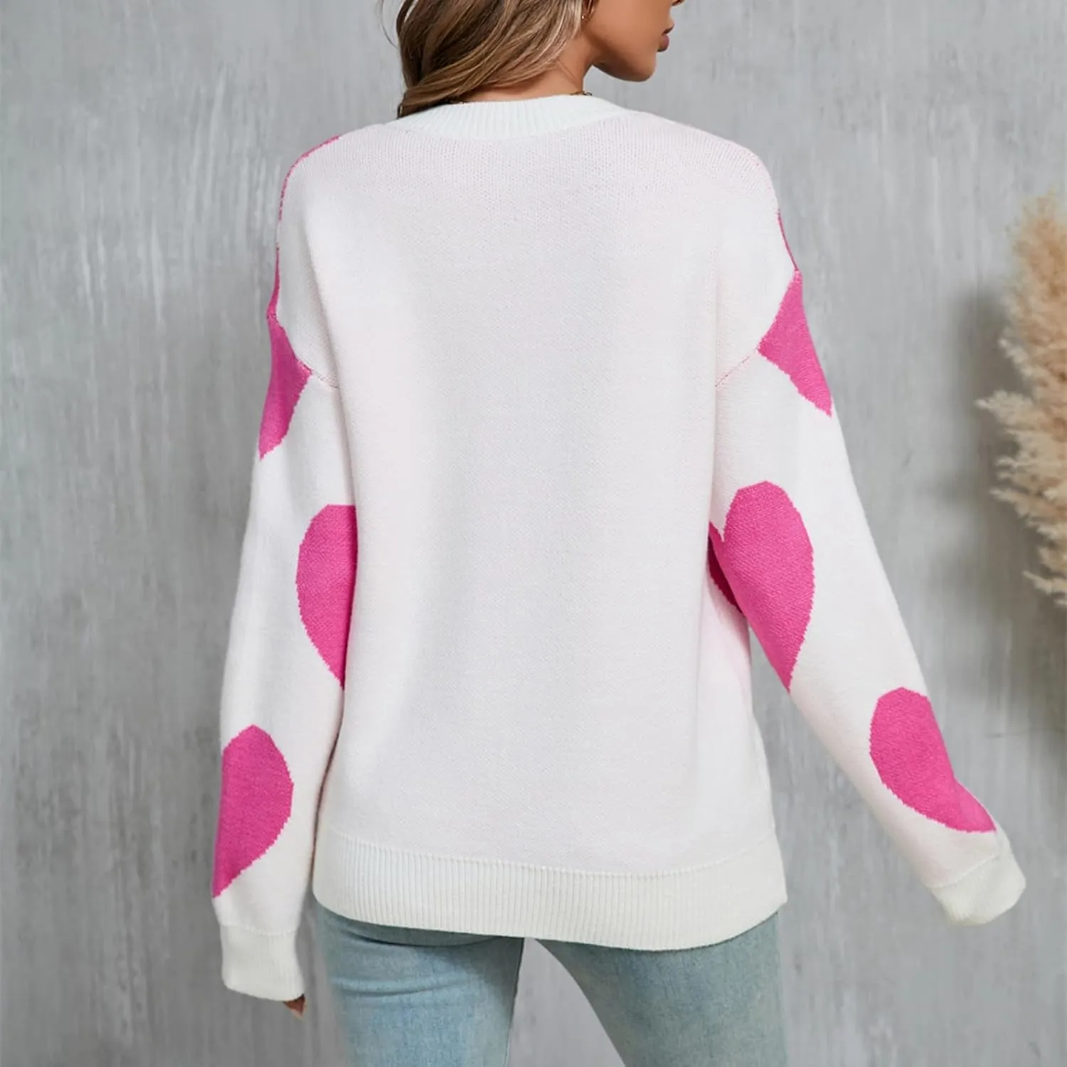Women Cute Heart Sweater Knitted Love Sweater Casual Loose Long Sleeve Crewneck Pullover