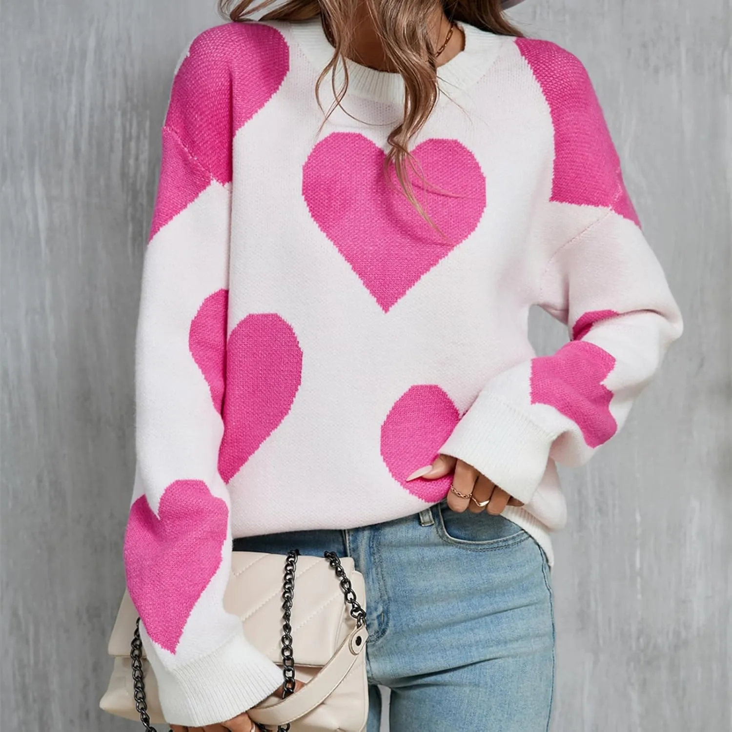 Women Cute Heart Sweater Knitted Love Sweater Casual Loose Long Sleeve Crewneck Pullover