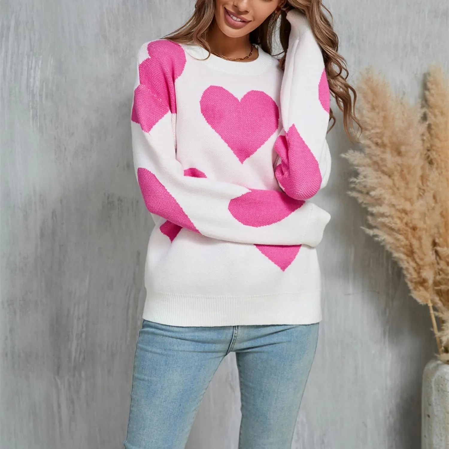 Women Cute Heart Sweater Knitted Love Sweater Casual Loose Long Sleeve Crewneck Pullover