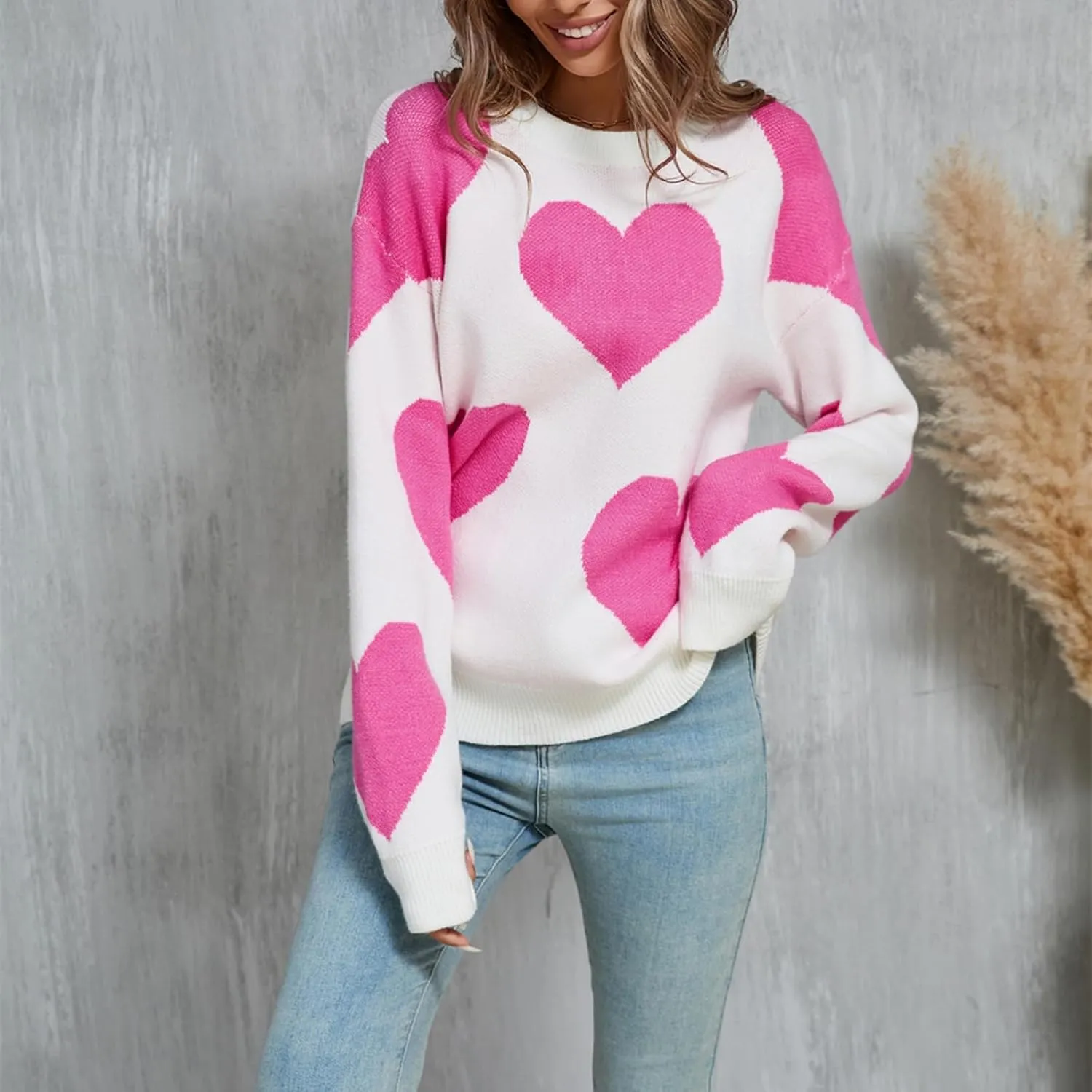 Women Cute Heart Sweater Knitted Love Sweater Casual Loose Long Sleeve Crewneck Pullover