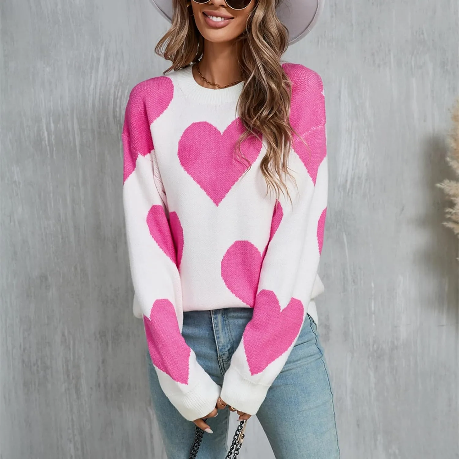 Women Cute Heart Sweater Knitted Love Sweater Casual Loose Long Sleeve Crewneck Pullover