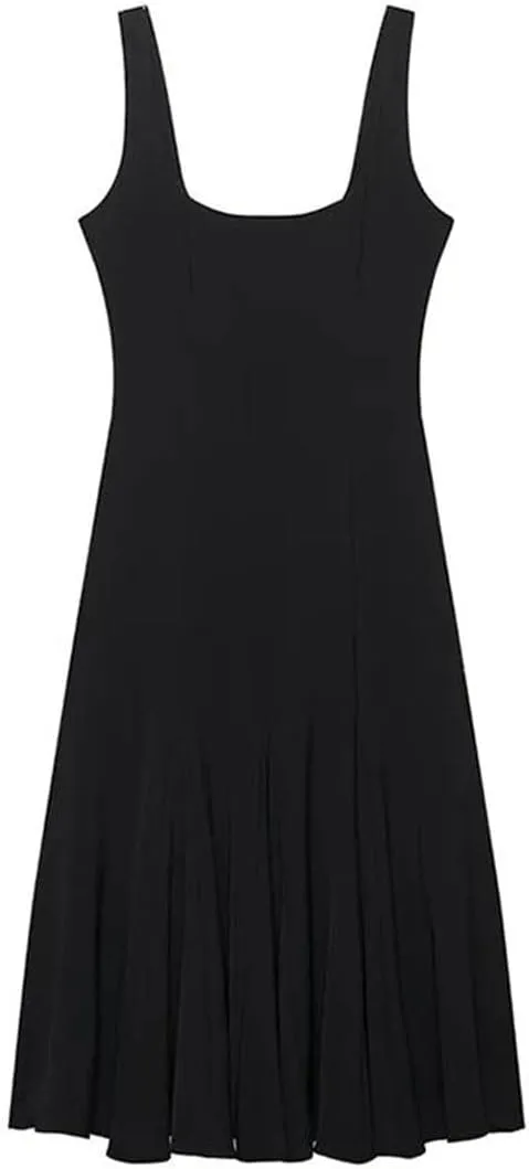 Women Elegant Square Neck Sleeveless Halter Dress Sexy Slimming Backless High Waisted Pleated Line Skirt Dress