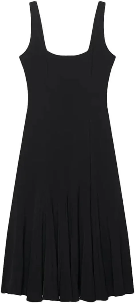 Women Elegant Square Neck Sleeveless Halter Dress Sexy Slimming Backless High Waisted Pleated Line Skirt Dress