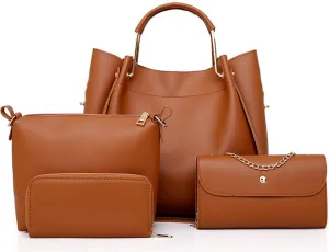 Women Handbags PU Leather Large Shoulder Cross-body Bags Satchel Tote Bags Purse 4 pcs Set